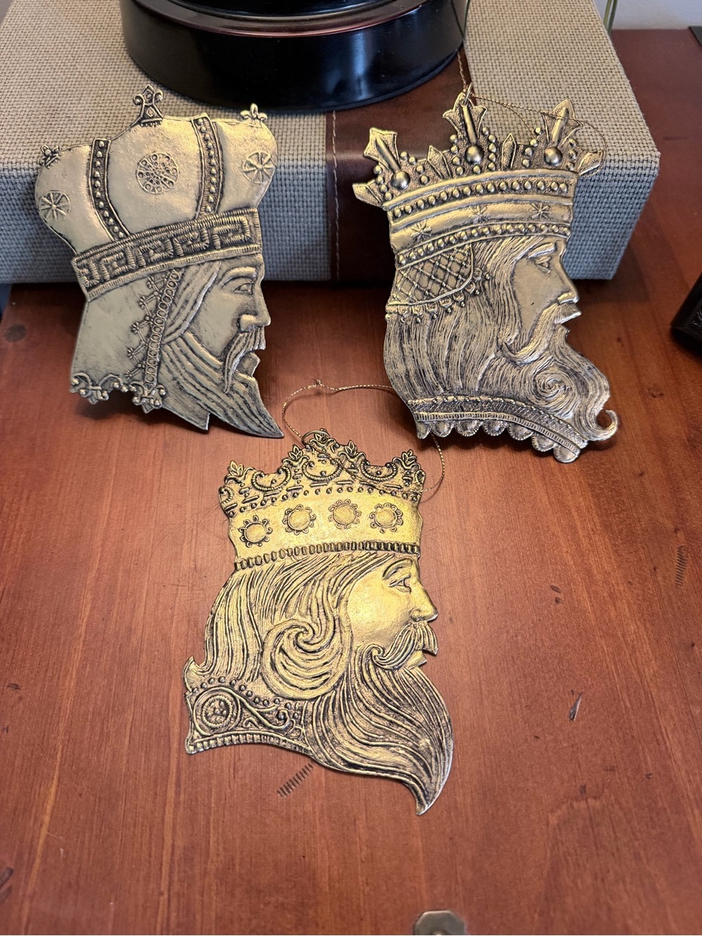 Vintage Gold King Head Ornament Trio